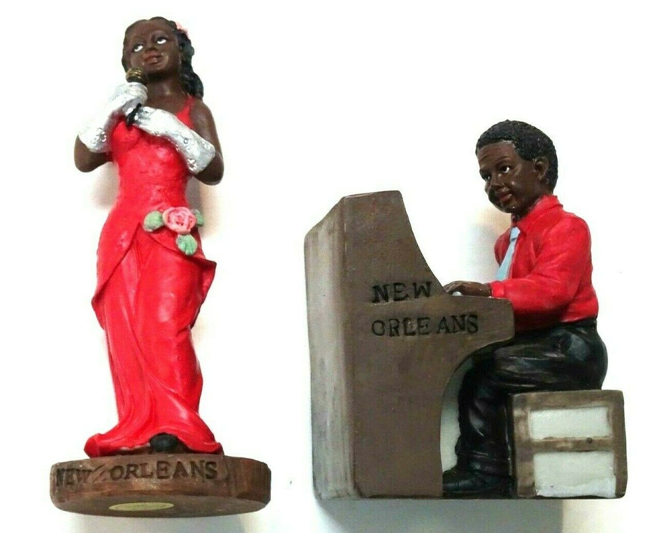 Souvenir New Orleans African American Jazz Piano Man & Lady Figurines 2pc Resin