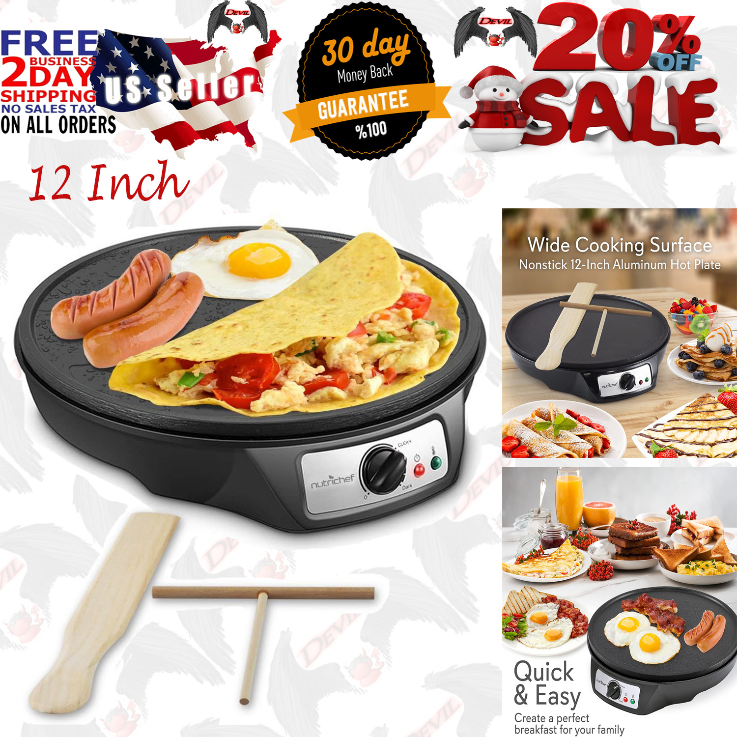 12 Inch Electric Griddle Crepe Maker Cooktop Nonstick Quick Easy Breakfast