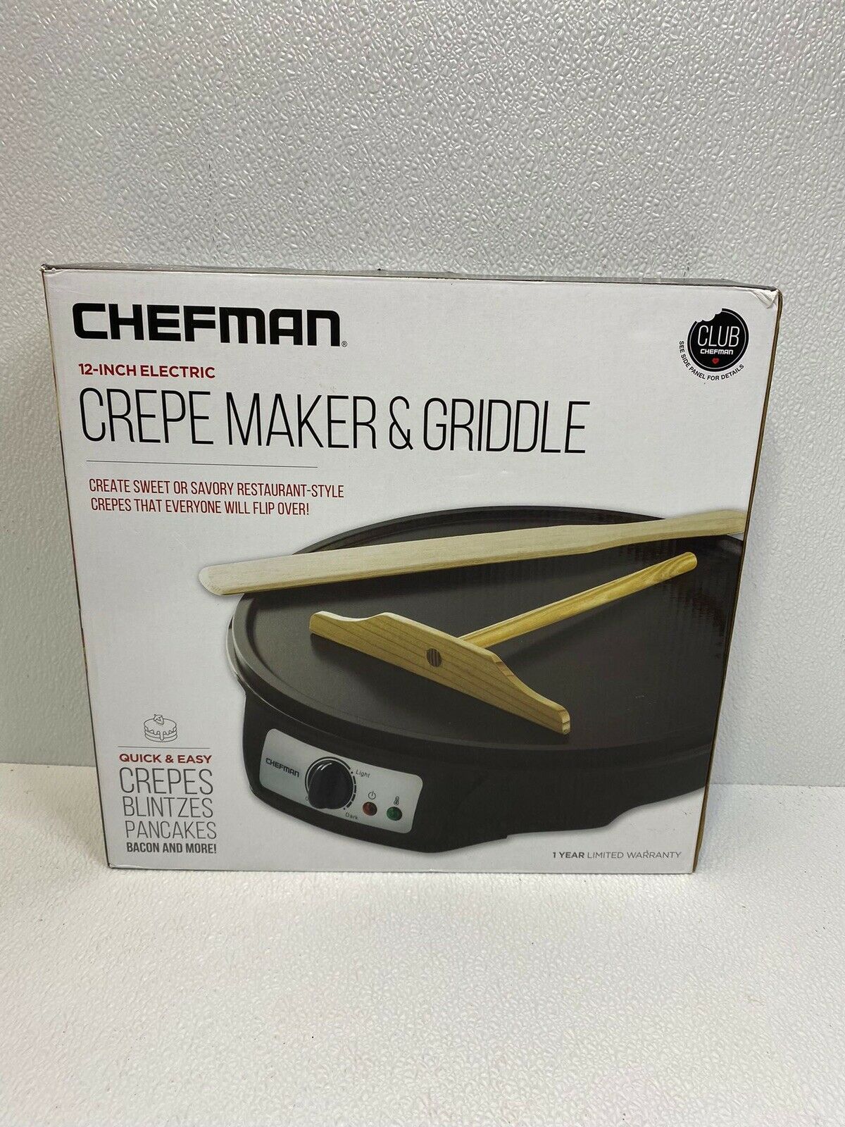 Chefman Electric Crepe Maker Griddle Temperature Control Non~stick Grill Pan 12"