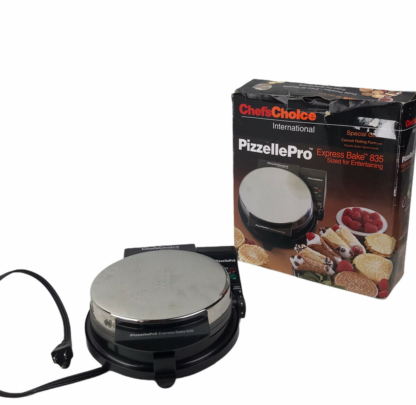 Chefs Choice Pizzelle Pro Express Bake 835 Cannoli Italian Waffle Cookie Maker