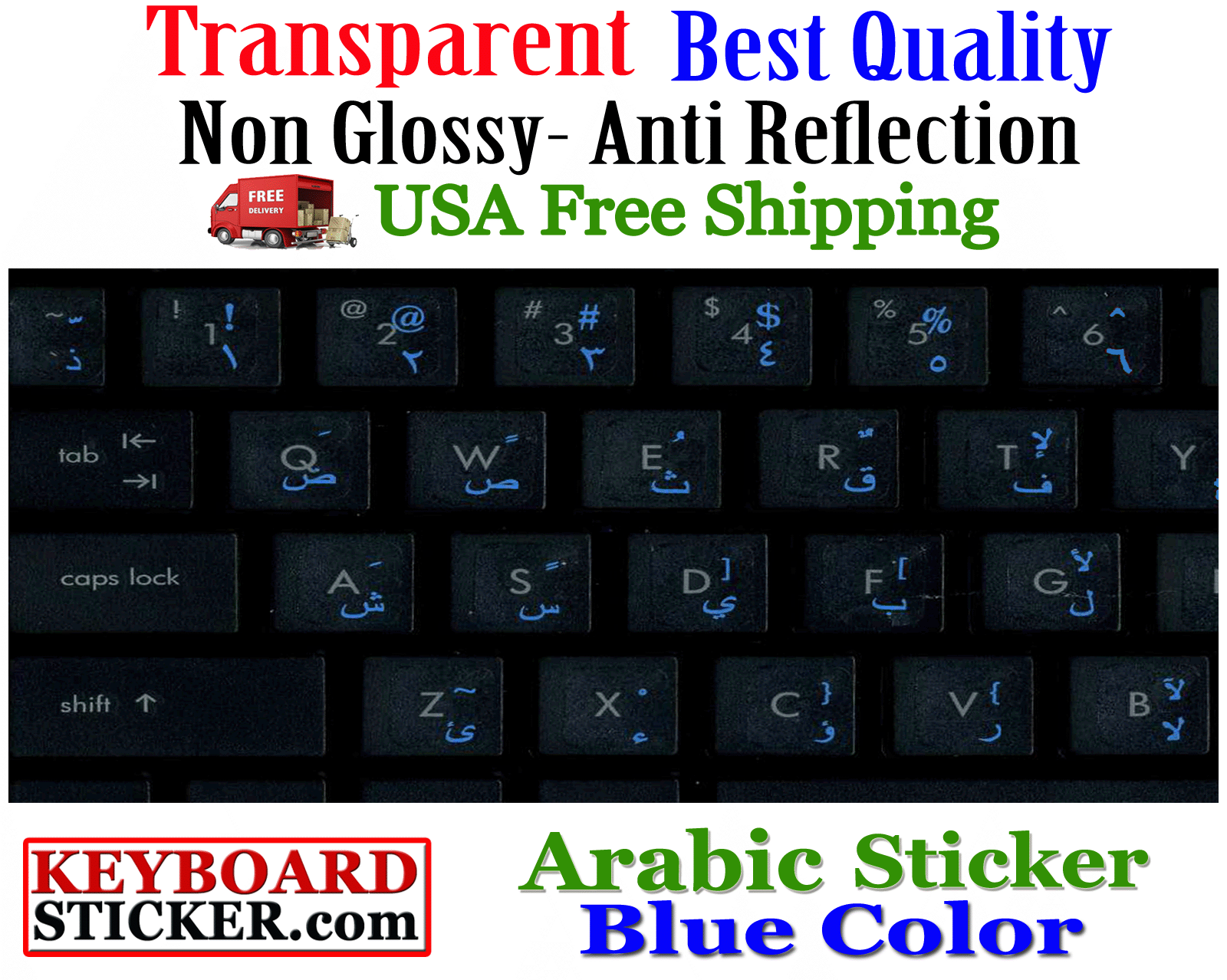Arabic Keyboard Sticker Transparent Blue Letters Printed In Korea, Best Quality!