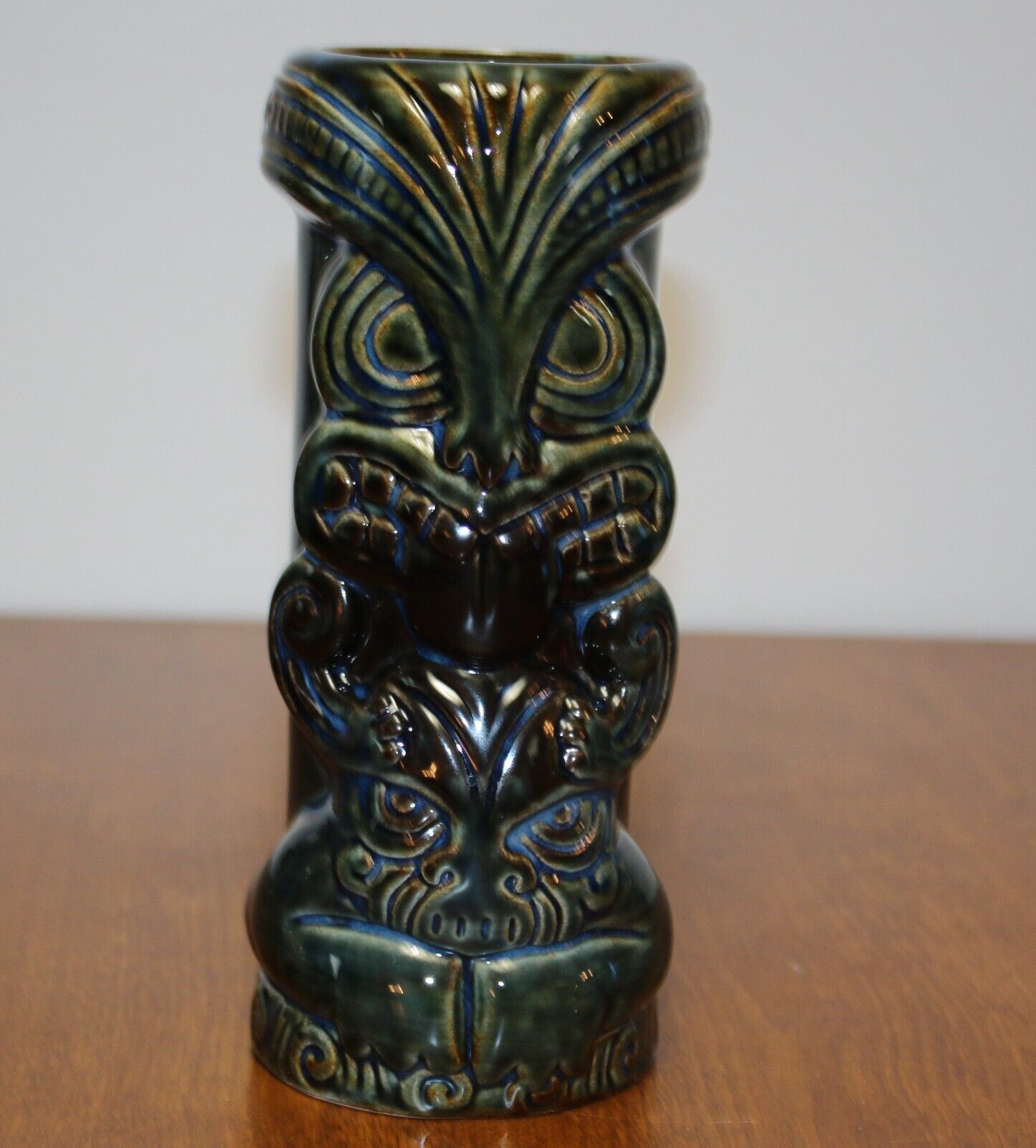 Tiki Totem Bar Mug Ceramic Vase 7” Green Brown Blue; Two Figures