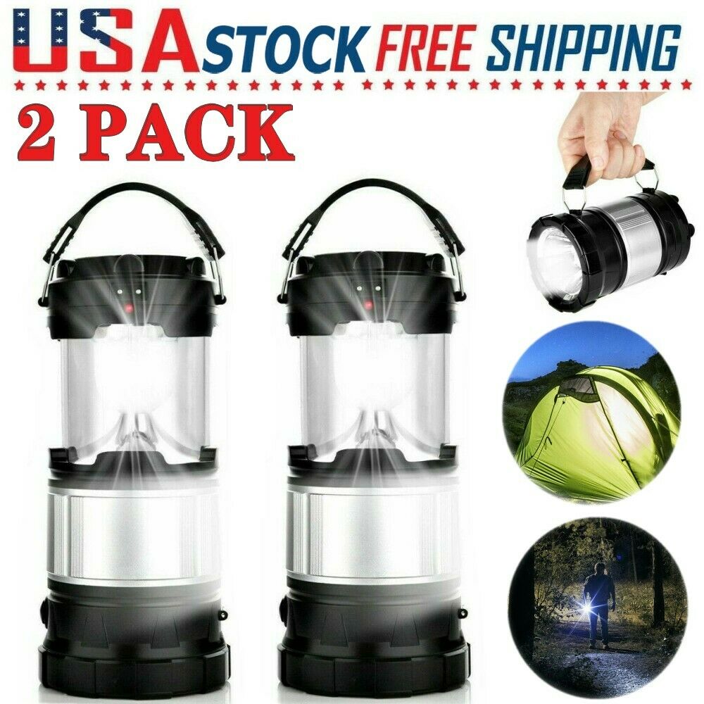 2 Pack Usb Solar Portable Led Light Rechargeable Flashlight Lantern Camping Lamp